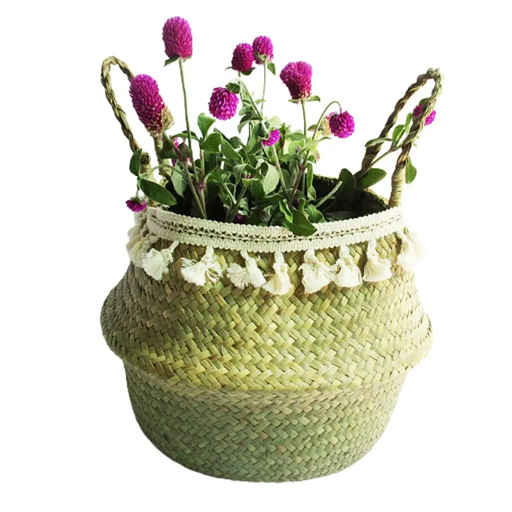 

Seagrass Woven Storage Basket Foldable Woven Laundry Basket Handmade Flowerpot Straw Basket Home Decoration