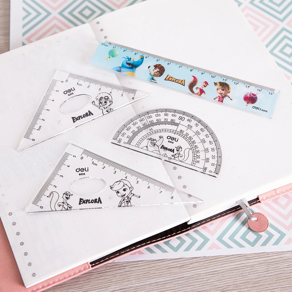 Набор линейки Deli EG01503 транспортир квадратов прозрачный компас 15 см 4 шт.|Наборы