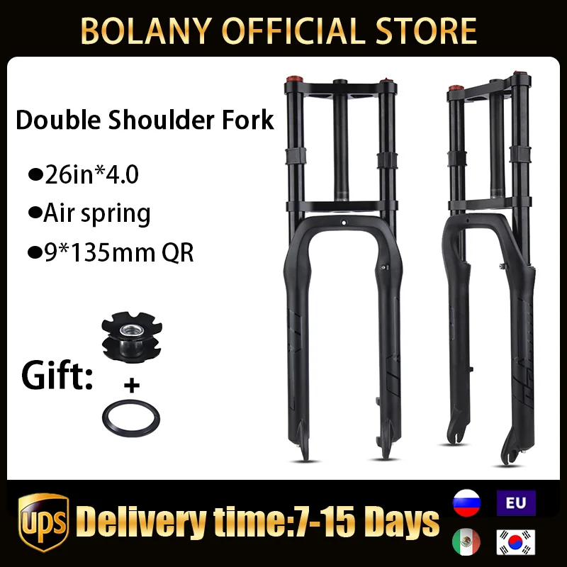 

Bolany Double Shoulder Snow Fat Bike Fork 26" 4.0" Air MTB Bicycle Suspension 32mm Straight Tube 135mm Shock Magnesium Alloy