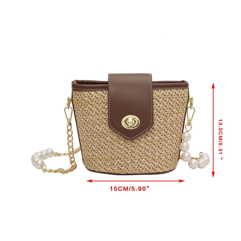 

Woven Straw Faux Leather Bucket Bag Pearl Metal Chain Crossbody Handbag Purse