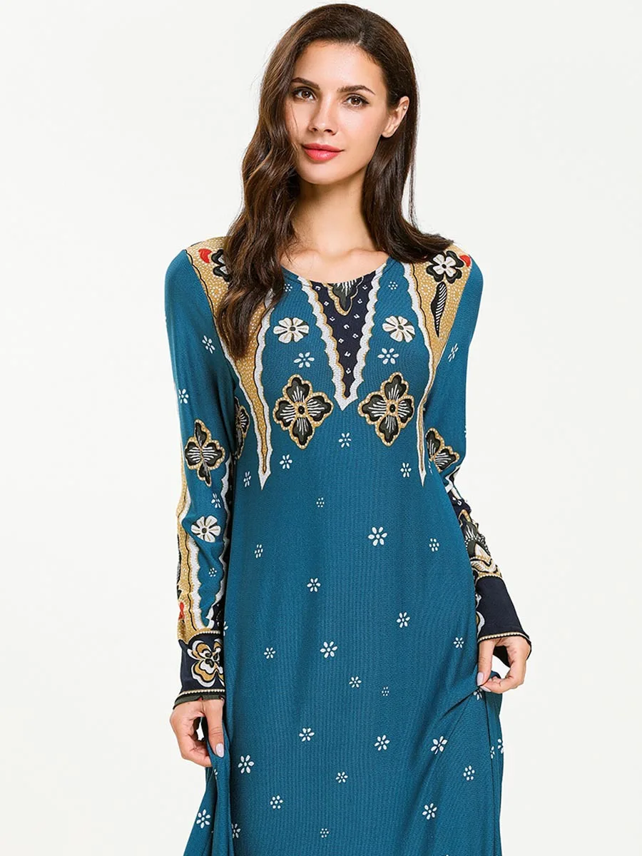 Plus Size Women Arab Muslim Dress Islamic Clothing Print Floral Big Swing Maxi Abaya Dresses Dubai Kimono Musulman Robe |