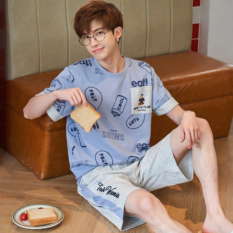 

Летняя крутая повседневная мужская домашняя одежда, хлопковый пижамный комплект с коротким рукавом для мужчин, корейская мода, голубая мул...