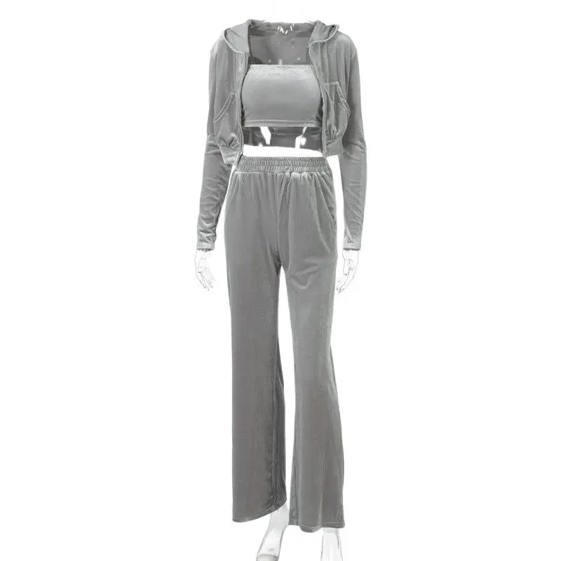 Dulzura Velvet Women 3 Piece Set Hoodie Sweatshirt Zipper Tube Crop Top High Waist Wide Leg Pants Tracksuit Sporty Casual Outfit