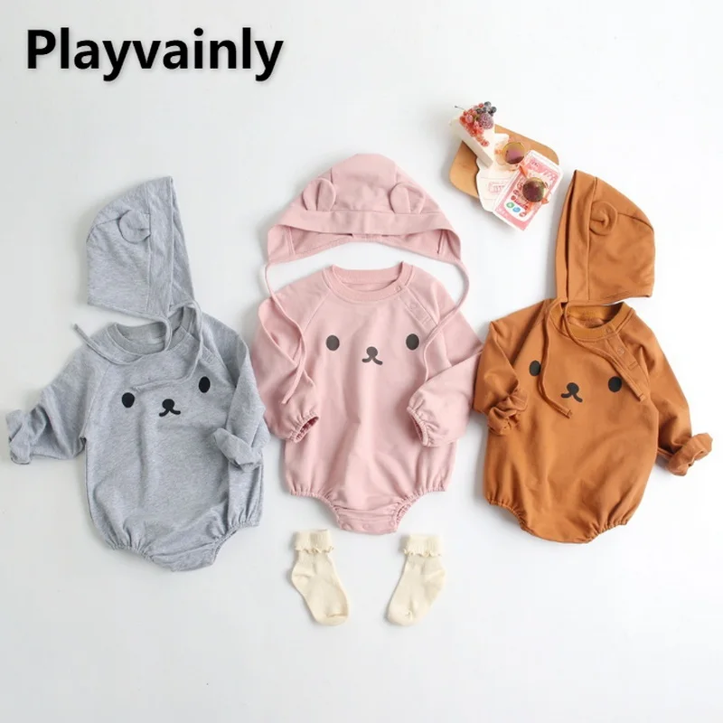 

Новинка 2021 года, Осеннее боди для маленьких девочек и мальчиков, розовый, серый, коричневый комбинезон с длинными рукавами и мультяшным медв...