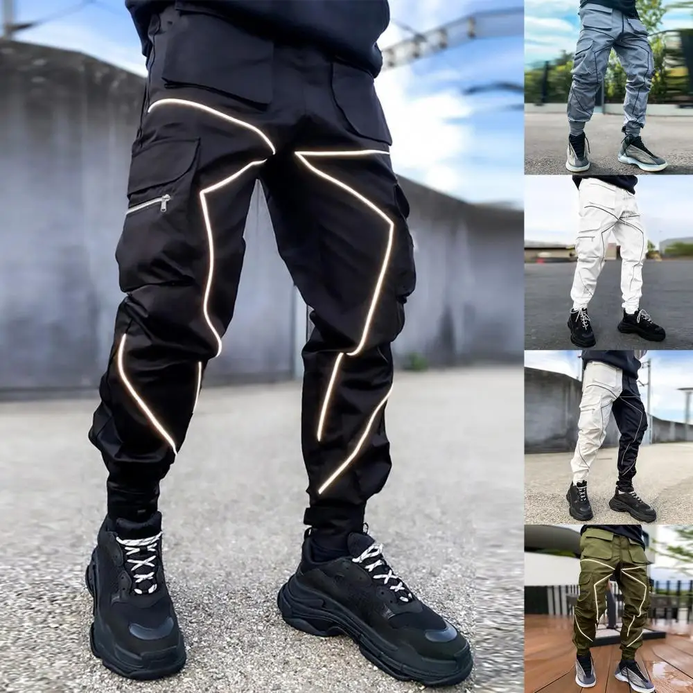 

Men Zipper Reflective Strip Multi-pocket Harem Pants Hip Hop Cargo Trousers