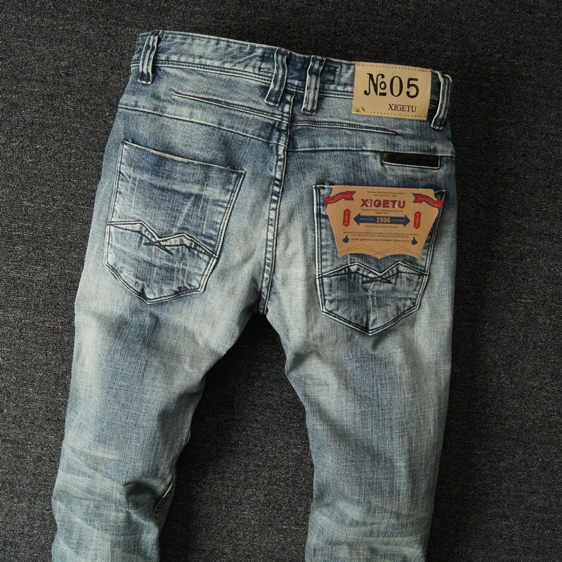 European Vintage Fashion Men Jeans Retro Gray Blue Elastic Slim Fit Ripped Jeans Men Patchwork Designer Casual Punk Denim Pants