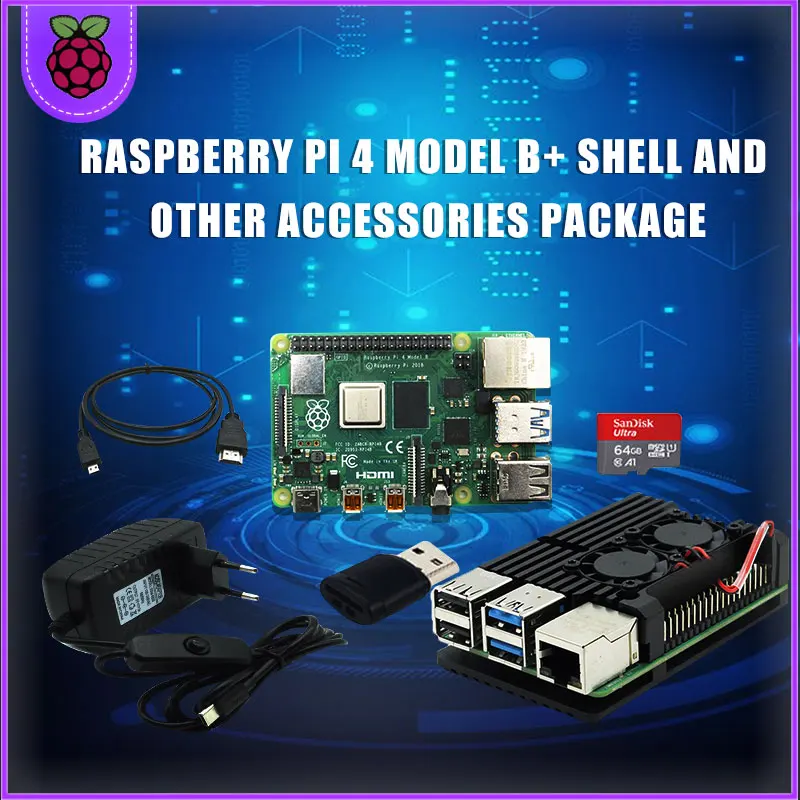 Оригинальный Raspberry Pi 4 2 ГБ ОЗУ + Алюминиевый адаптер 3 А для питания с микрокабелем