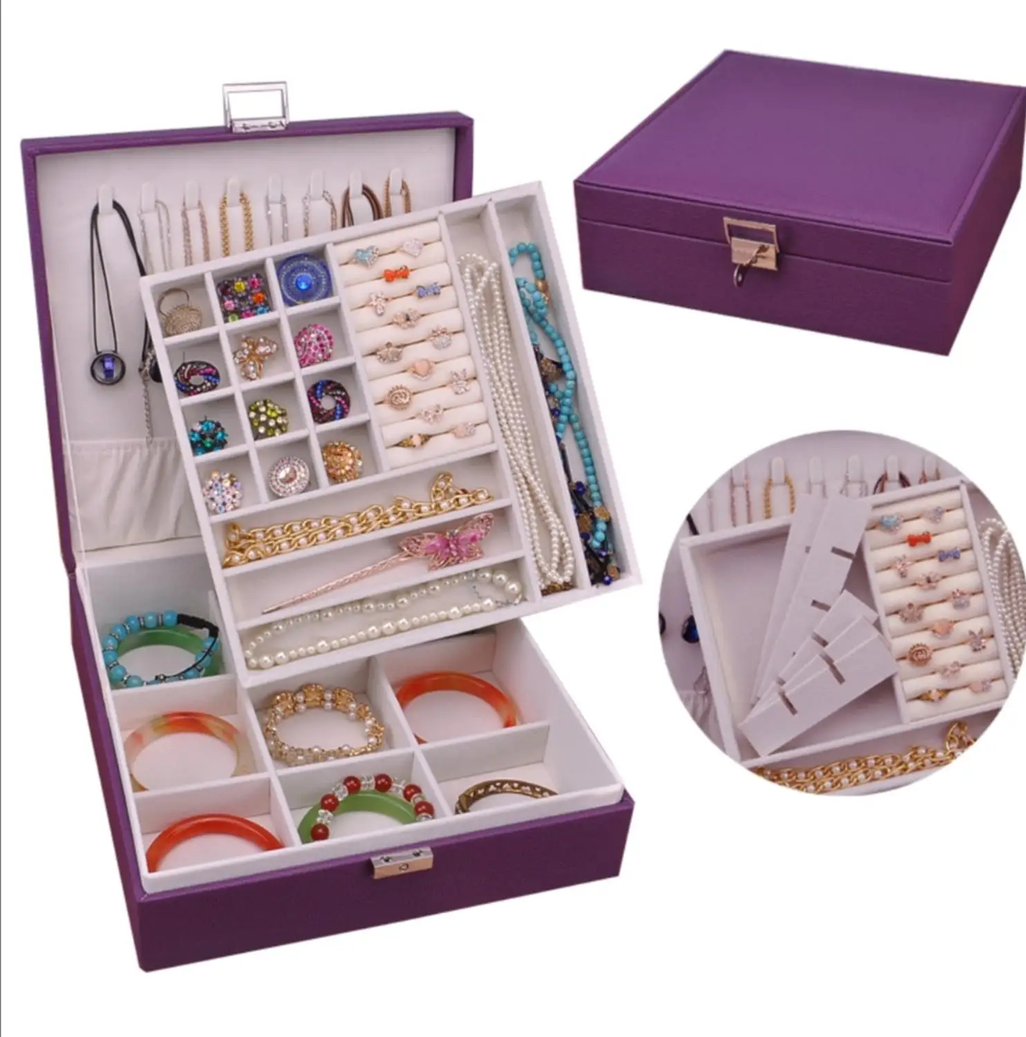 

Двухслойная Большая искусственная коробка с замком кожаная коробка для хранения ювелирных изделий Кольцо ожерелье держатель