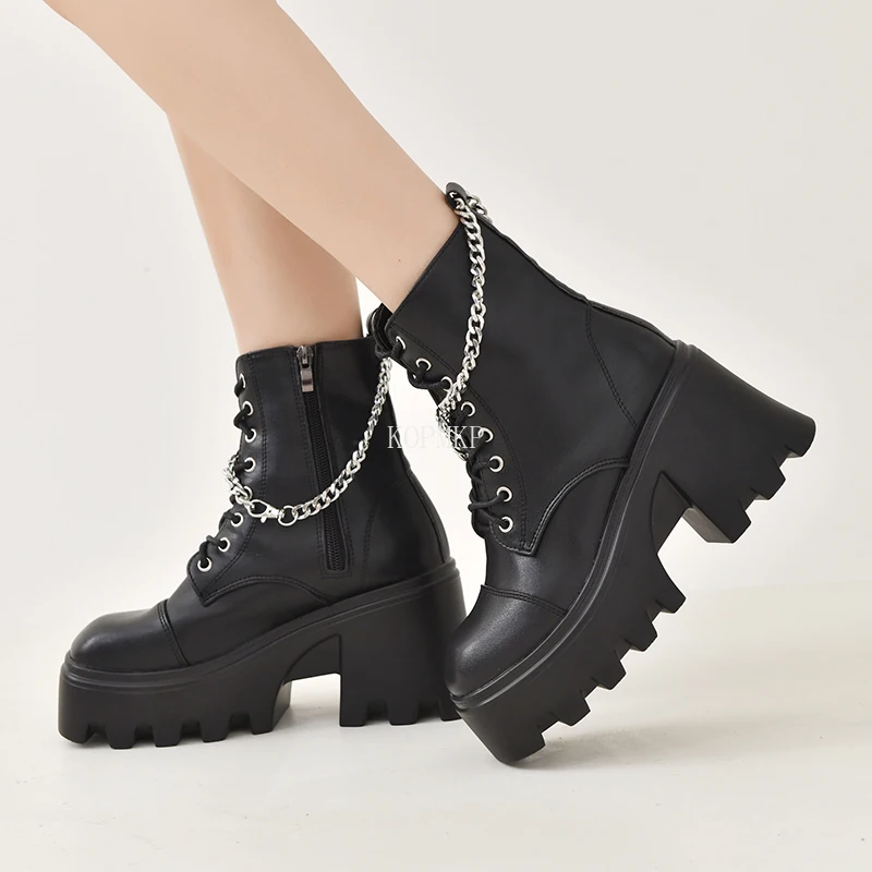 

2022 Boots Women Round Toe Platform Side Zippers Lace Up Leather Black Chain Chunky New Design Leisure Kopmkp Botines De Mujer