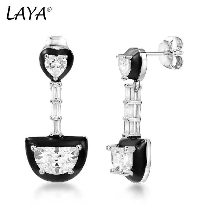 

Laya Silver Earrings For Women Pure 925 Sterling Silver Heart-shaped Moon-shaped Created Crystal Glass Black Enamel Jewelry