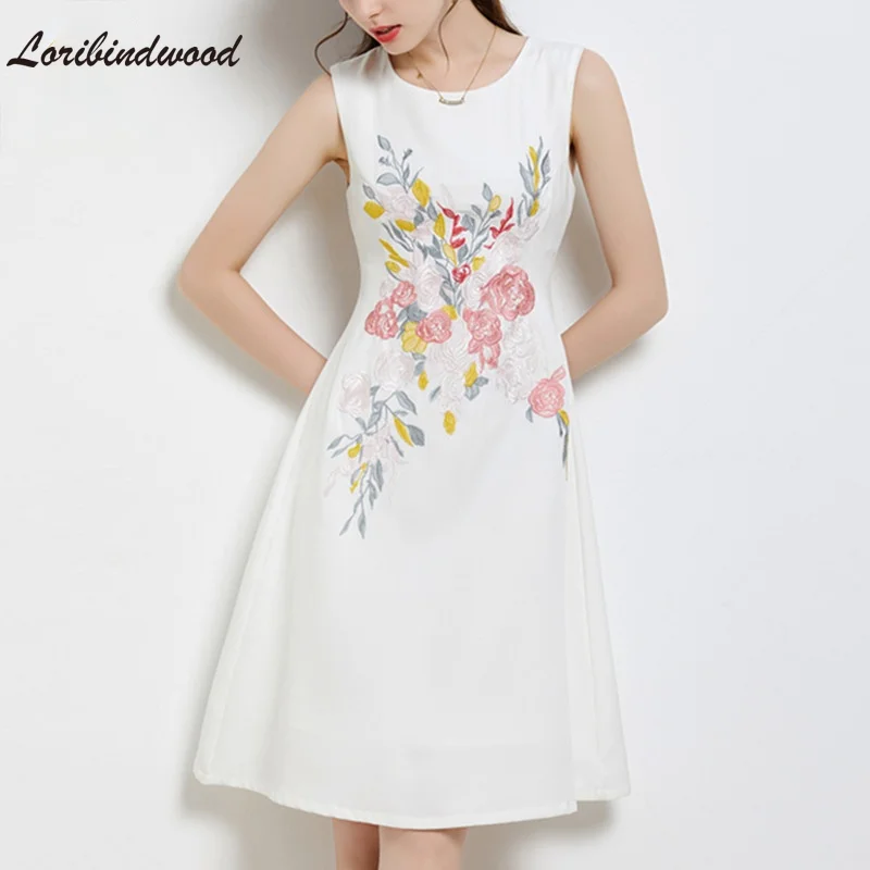 

2021 Vintage Elegant Flower Embroidery Party Dresses Women's Sleeveless Summer Dress Vestidos Female Clothes Robes