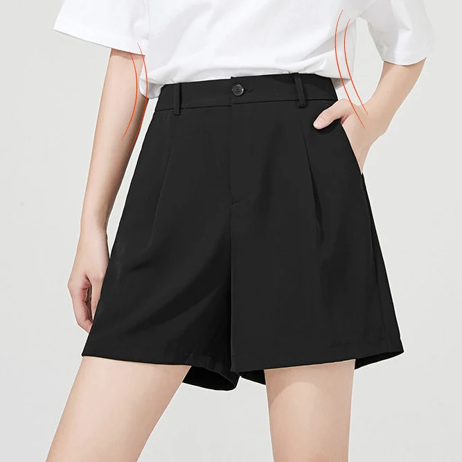 

White suit shorts women's summer wide-leg loose thin section new 2021 black ice silk casual pants Regular Knee Length