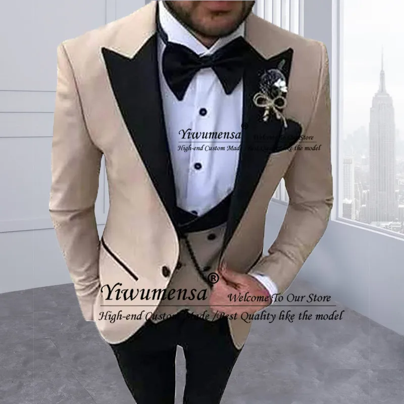 Мужские костюмы из 3 предметов для мужчин на заказ Terno Slim Fit жениха Черная шаль с
