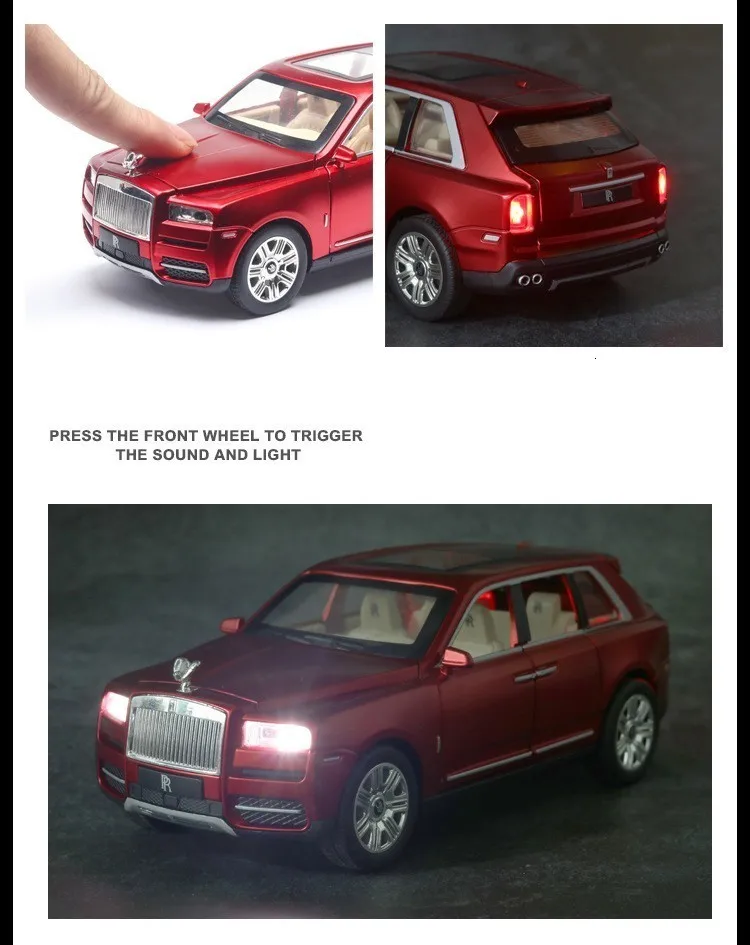 1:24 Rolls Royce Cullinan, модель автомобиля из сплава, большой размер, имитация внедорожника, металлическая модель автомобиля, светильник со звуком, вытяжка, 6 дверей