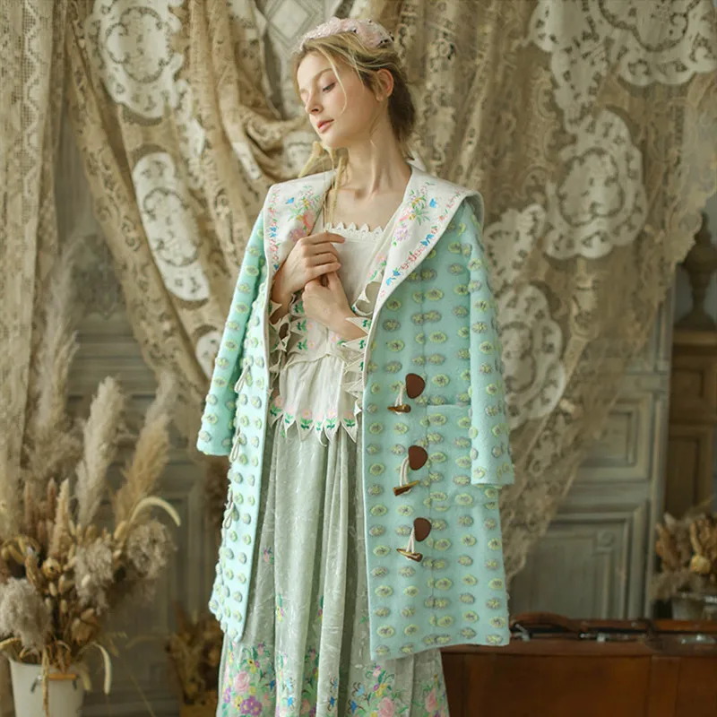 Женское винтажное элегантное шерстяное пальто Mori Girl с вышивкой и отворотом милая