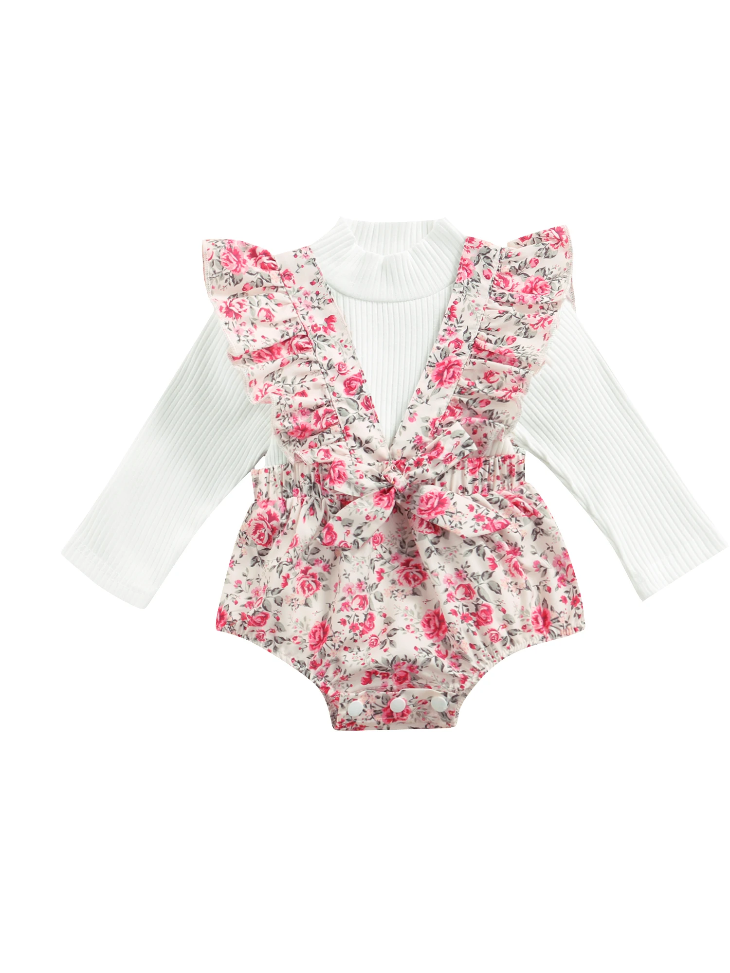 

2Pcs Baby Girls Clothes Sets Infant Solid Color Long Sleeve Turtleneck Sweater Floral Suspender Shorts Overalls Autumn Outfits