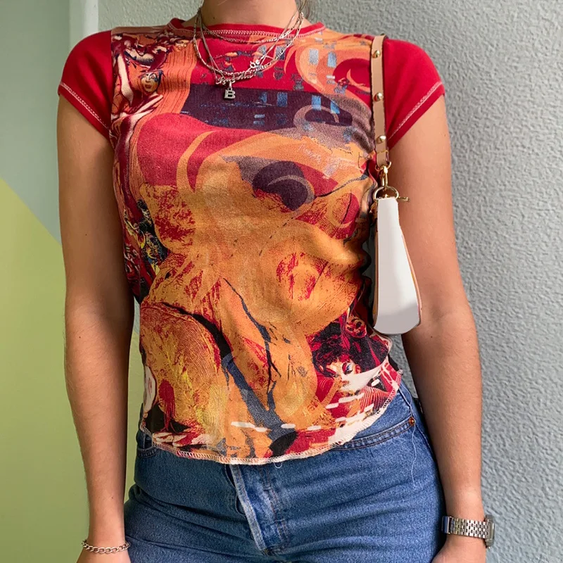 

Mixed Print Graphic T Shirts Women Summer Tops 2021 Short Sleeve Tshirt O-neck Slim Y2k Crop Top Tee Casual Fashion Clothes New