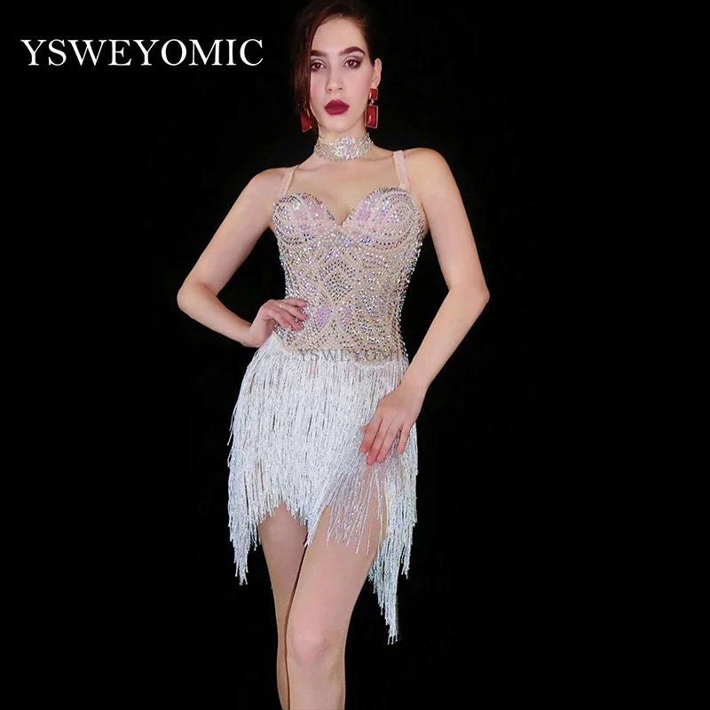 

Sleeveless Flashing Multi-color Rhinestones Pearl Fringe Dress Women's Birthday Party Outfit Bar Women Singer Dancer Dress