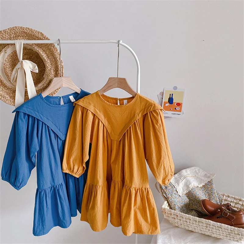 

Korean style cute girls solid color loose dresses spring autumn big hemline kids turndown collar long sleeve princess dress 1-7Y