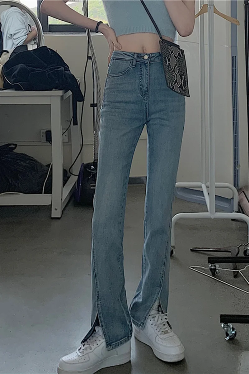 Новая Корейская версия 2021 облегающие слегка синие прямые брюки на ощупь с