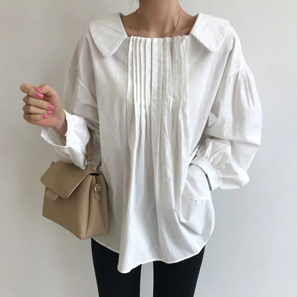 

Женская элегантная рубашка в Корейском стиле, свободный однотонный топ с длинным рукавом и отворотом, Осенний пуловер для девочек, Женские ...
