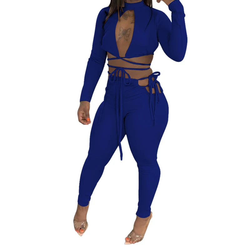 

Women's New Fashion Solid Color Two-Piece Suit Full Sleeve Bandage Crop Top + Slim Hollow Out Pencil Pants 2021 Club Party Wear