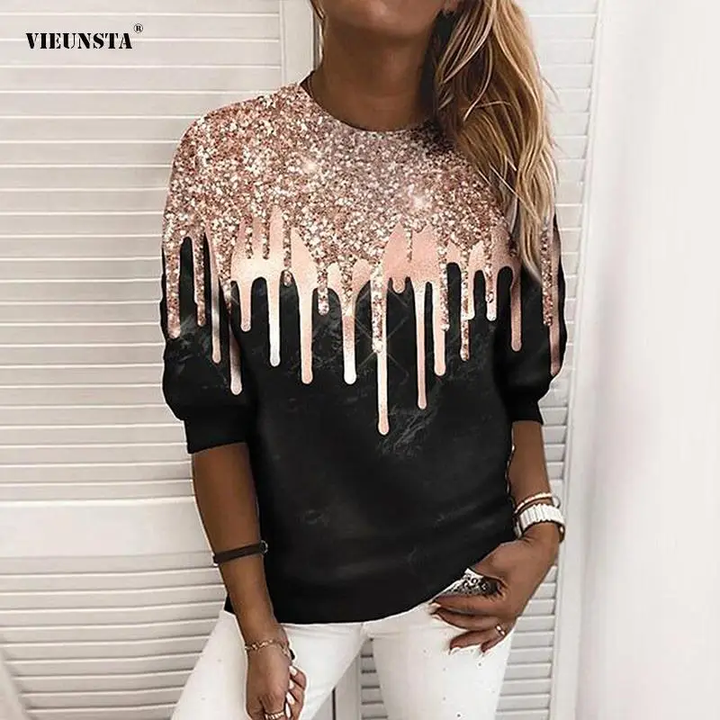 

Women Loose Pullover Casual Sweatshirt Fashion Female Long Sleeve Jumper Streetwear Vintage Round Neck Shiny Raindrop Print Tops
