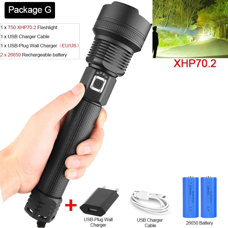 Package G 7000лм мощный светодиодный фонарь XHP70.2 перезаряжаемый фонарь XHP50 USB Zoom фонарь XHP70 охотничий фонарь для рыбалки 26650 18650 - Испускаемый цвет: Package G