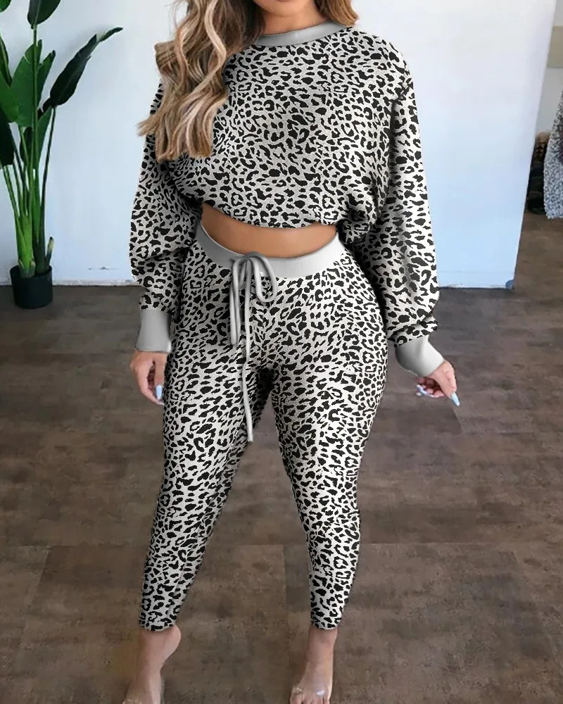 

Cheetah Print Crop Top & Drawstring Pants Set Women Two Piece Set