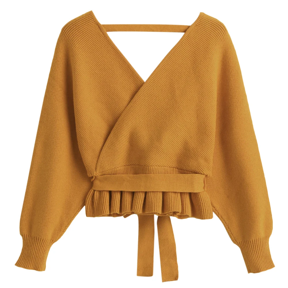 ZAFUL свитер с коротким рукавом и баской женские свитера высокой талией пуловеры