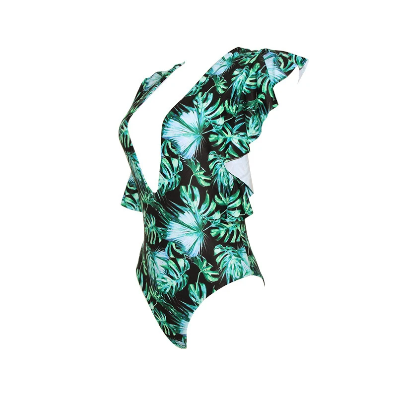 Женский слитный купальник зеленый с глубоким v-образным вырезом и цветочным