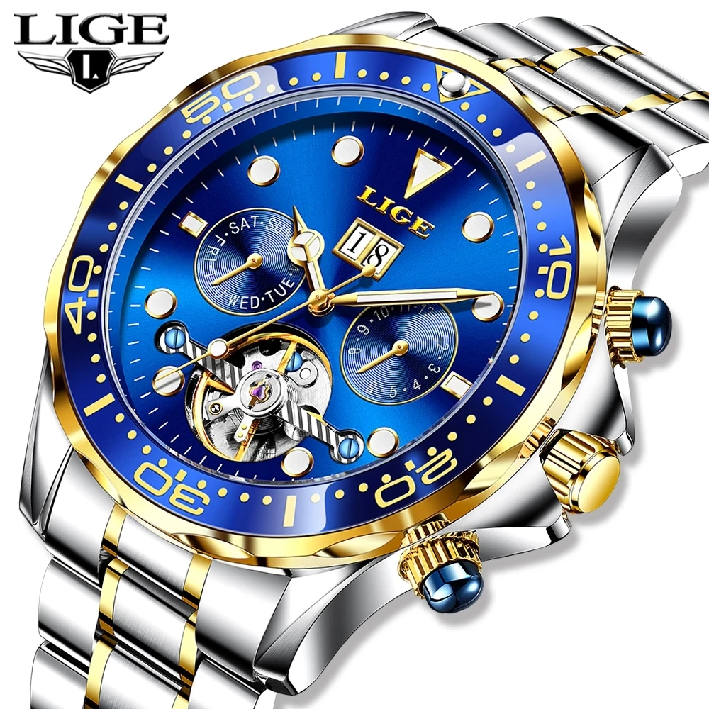 LIGE Business Watch Men Automatic Mechanical Tourbillon Watch Luxury Fashion Stainless Steel Sport Watches Men Relogio Masculino