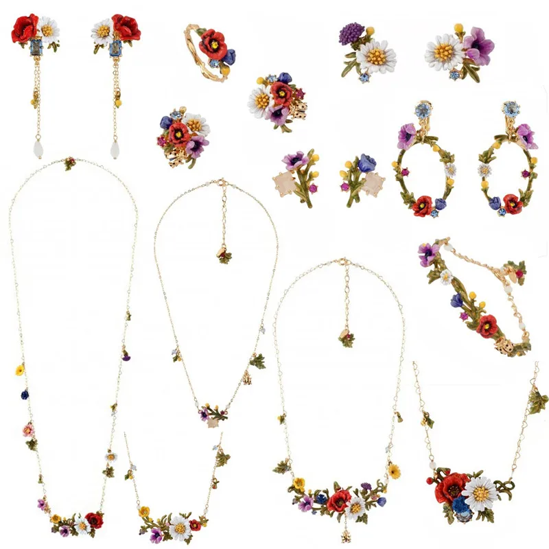 Серьги в форме мака комплект из ожерелья и браслета эмалированные глазурованные