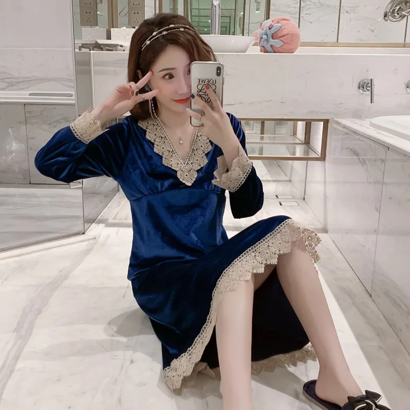 Women's Nightdress Autumn Winter Velvet Korean Luxury Solid Color Princess Long Sleeve Loose Home Clothes Sexy Nightgown