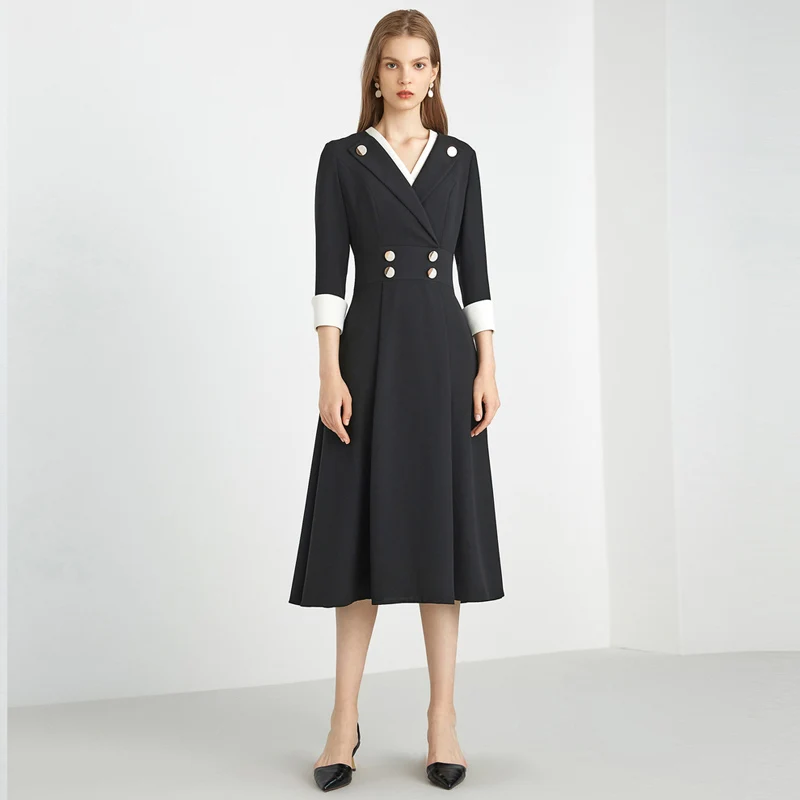 Платье женское весенне-осеннее черное с V-образным вырезом и высокой талией