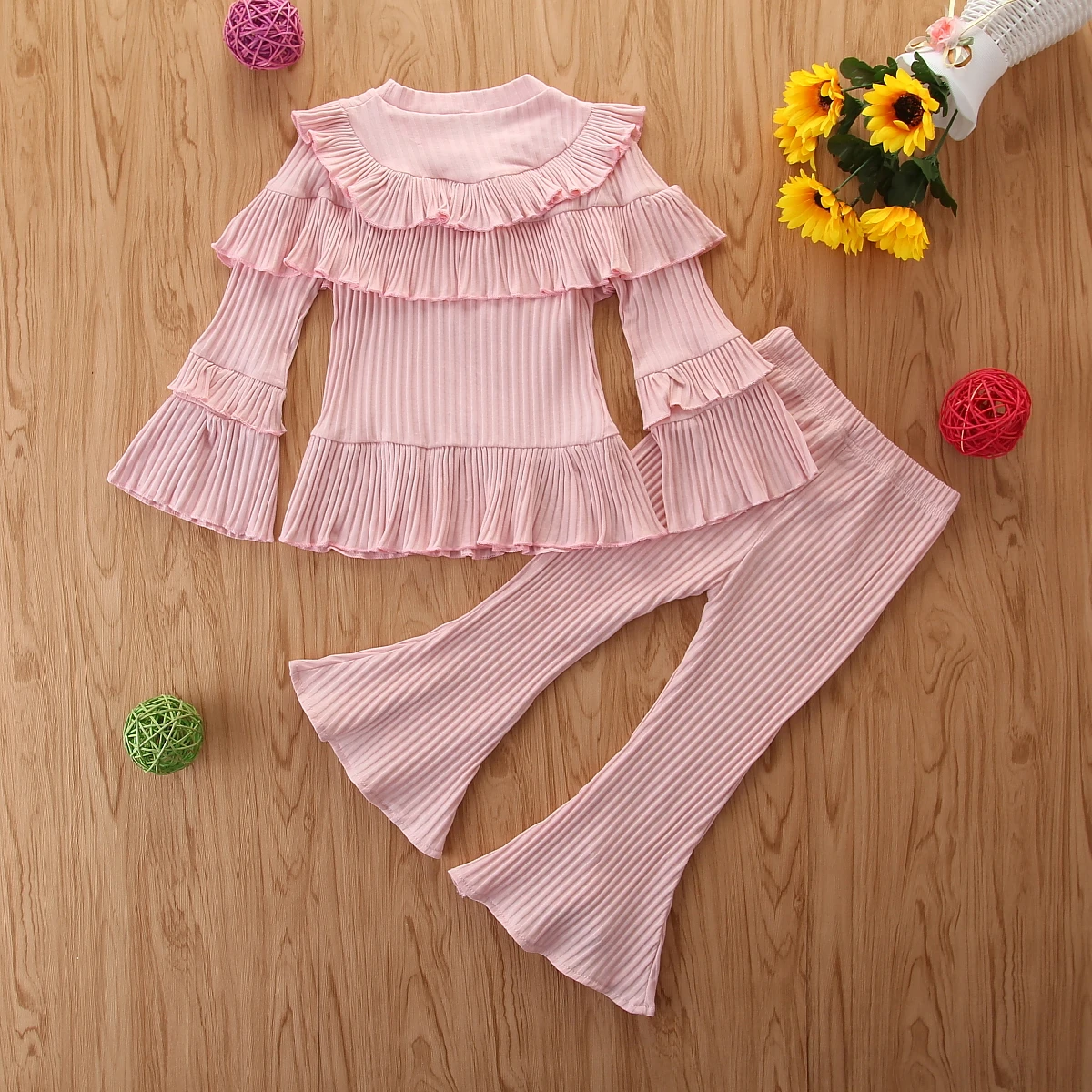 

Pudcoco 2020 Autumn 1-6Y Toddler Baby Girl 2Pcs Set Pink Multi Ruffled Long Sleeve Top+Flared Pants Kids Children Outfit Clothes