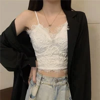 2022 vintage lace white camisole womens summer slim fit short sexy tops female new sleevess y2k solid sweet all match camisole