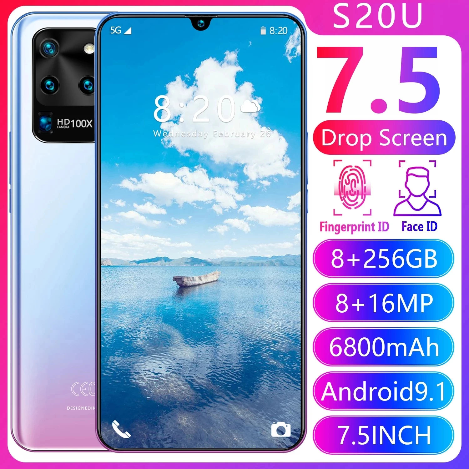 Samsum Galay S20U 7 5 &quotсмартфон с двумя sim картами 8G 512G Deca Core размер экрана MTK6799 Android 9 1 4