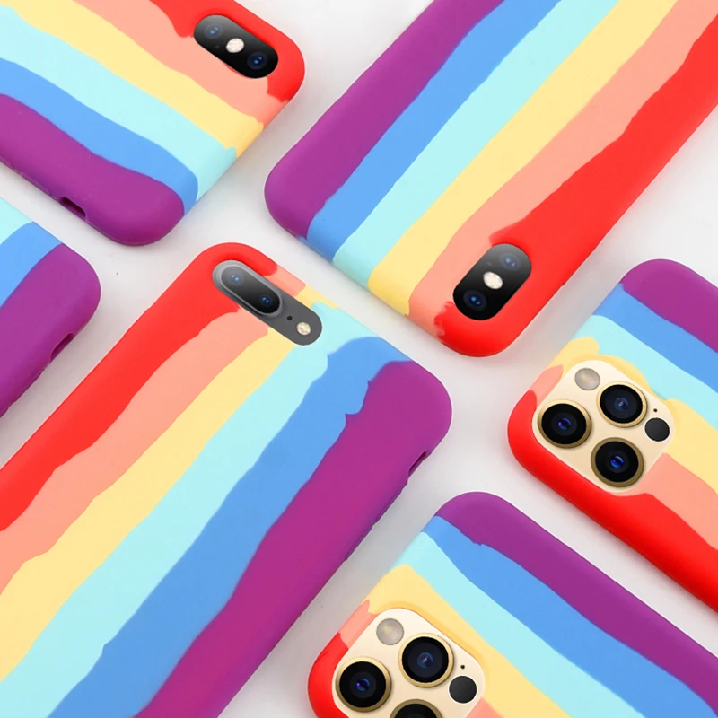 Жидкий силиконовый Радужный чехол для Apple iPhone 12 Mini 11 Pro Max X XR XS MAX 6 S 7 8 Plus SE2020 мягкий
