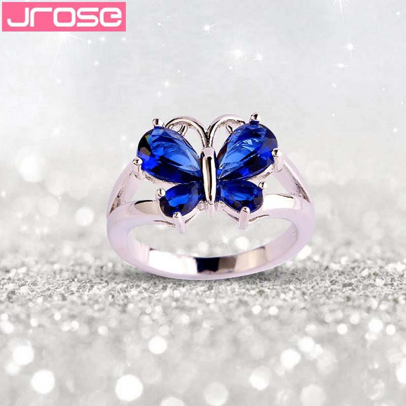 JROSE сверкающая бабочка модное голубое Серебряное кольцо Размер 6 7 8 9 10 11 красивые ювелирные изделия обручение Рождественский подарок
