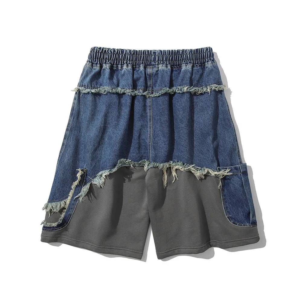 

Vintage Patchwork Raw Edge Jean Shorts Streetwear Men's Beggar Style Loose Casual Straight Five-point Pants Summer Shorts Male