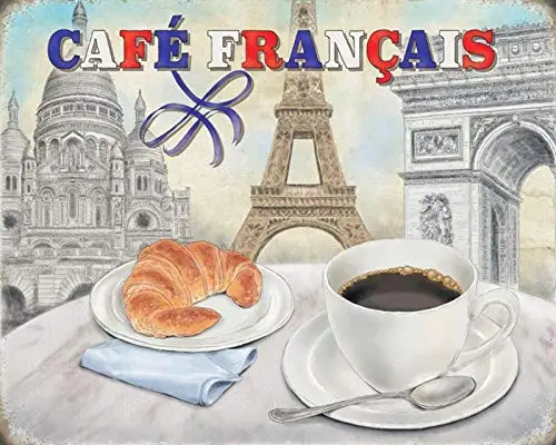 

12X8 Cafe Франция французский Кофе Хлеб круассаны металлический знак налет
