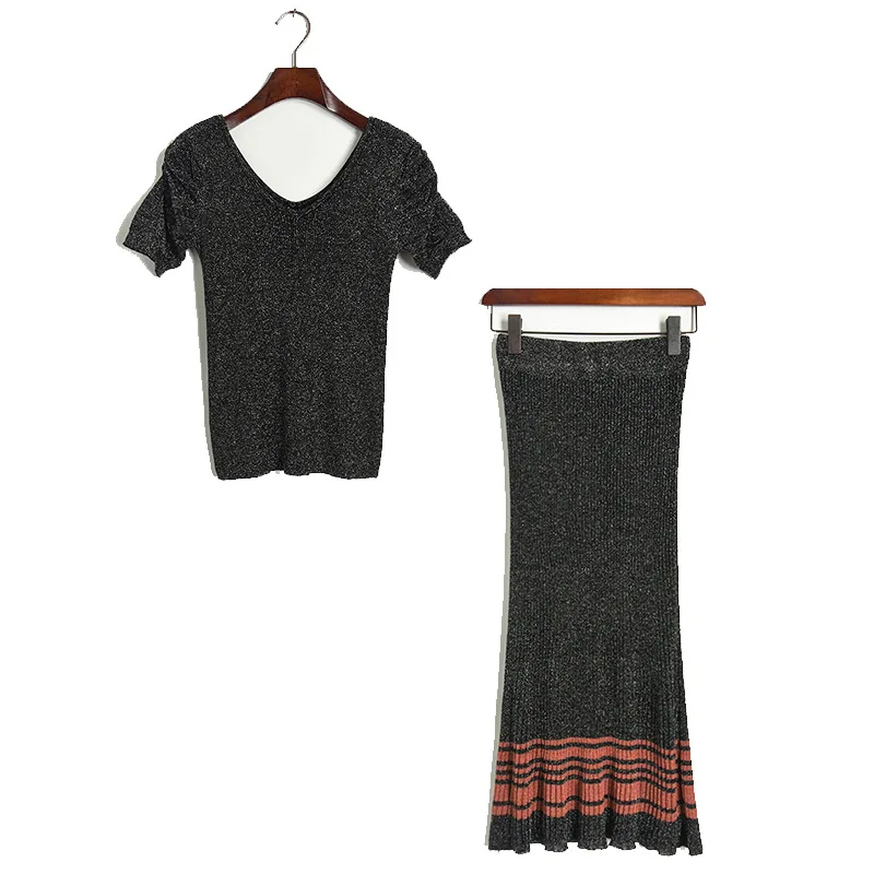 Брендовый Модный Блестящий Женский комплект с юбкой Летняя трикотажная футболка