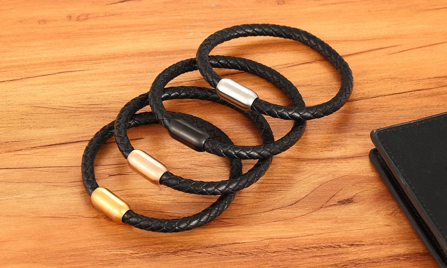 Fashion Simple Style Stainless Steel Men's Leather Bracelet Multi-color Black Leather Bangle For Boys Handsome Birthday Gift