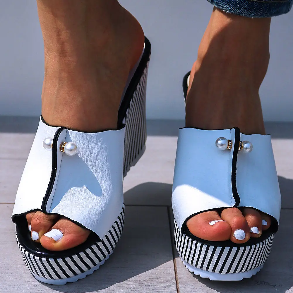 

Sorphio Summer Cool High Wedges Shoes Woman Concise Brand Heeled Slippers Women Ins Hot Classic Striped Platform Slides