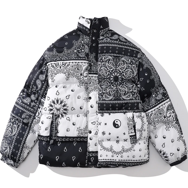 

Men Cashew Parka Korean Oversize Stitching Black White Puffer Jacket Fashion Printing Graffiti Coats Hip Hop Loose Streetwear