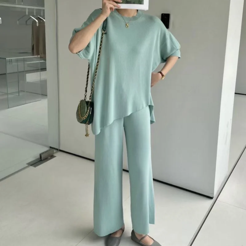 

2021 New South Korea Dongdaemun Design Irregular Half Sleeve round Neck Top Wide Leg Pants Comfortable Suit