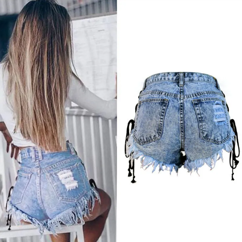 

Side Stripe Bandage Jeans Shorts Summer Streetwear Snowflake Denim Short Mujer Button Fly High Waist Chores Para Mujer Girls
