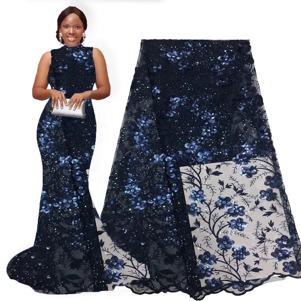 Нигерийские кружевные ткани 2020 высококачественные темно-синие с вышивкой и