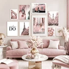 Розовый цветок дерево Ретро велосипед Париж, искусство на стену холст картина скандинавские постеры и принты картинки для декора гостиной
